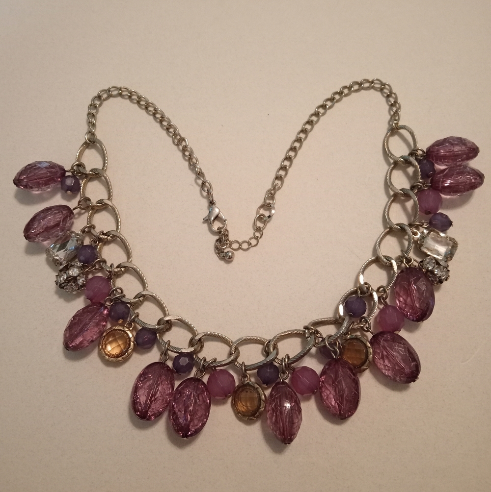 #442.  Purple Acrylic And Clear Rhinestone Necklace. 10" Long